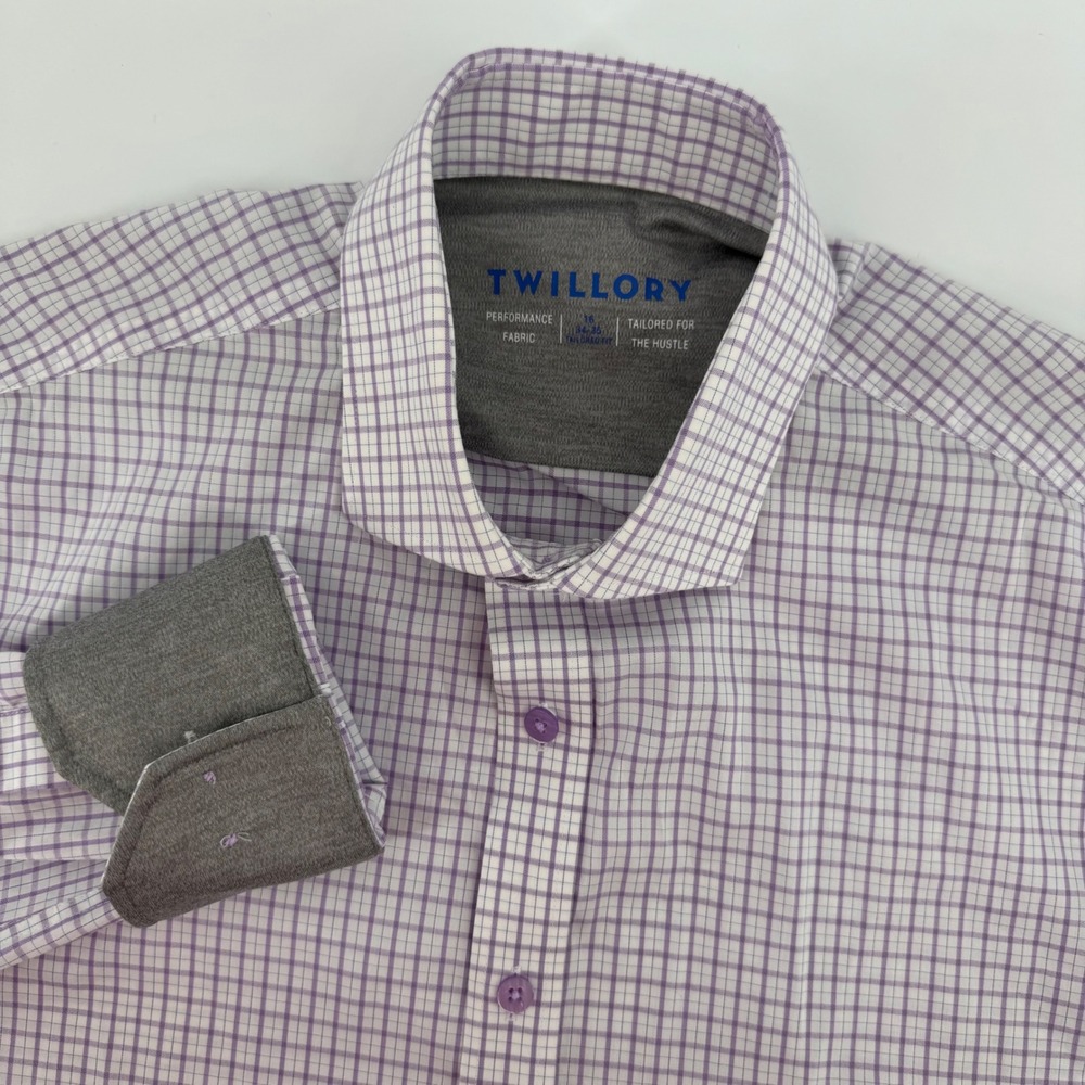 Twillory Dress Shirt Mens 16 34/35 Purple Windowpane Tailored Fit Performance